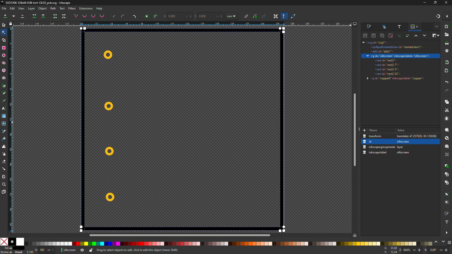 PCB view SSD1306 128x64 XML silkscreen XLM editor view